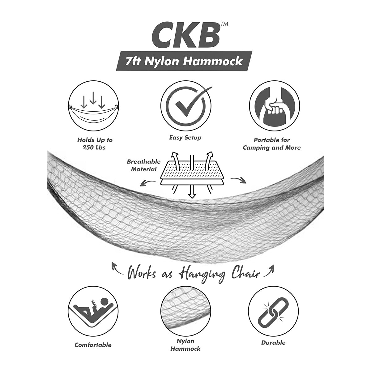 CKB 7ft Nylon Hammock - Portable and Easy to Set Up