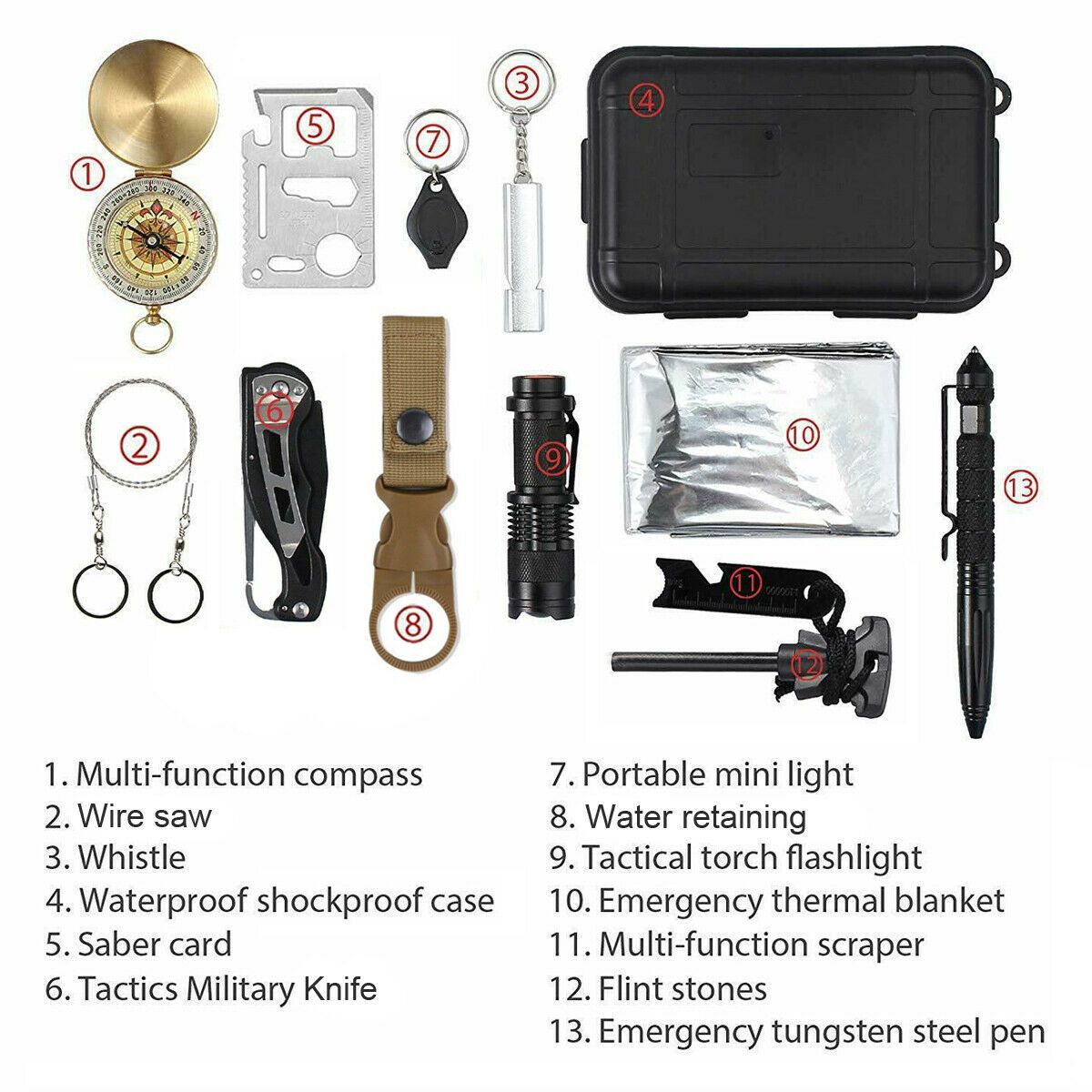 Outdoor Emergency Survival Gear Kit 14-in-1 Camping Tactical Tools SOS